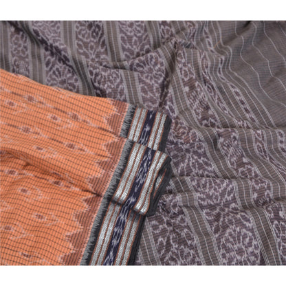 Sanskriti Vintage Saree Peach Odisha Hand Woven Ikat Blend Cotton Sari Sustainable Fabric