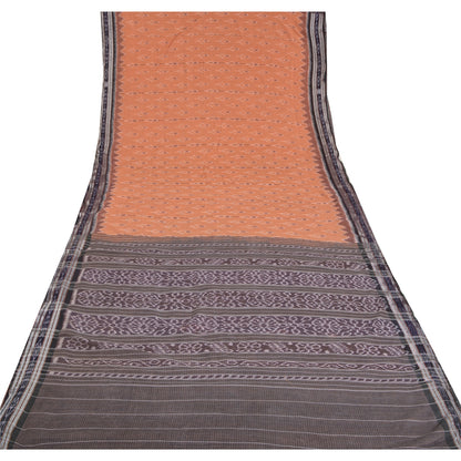 Sanskriti Vintage Saree Peach Odisha Hand Woven Ikat Blend Cotton Sari Sustainable Fabric