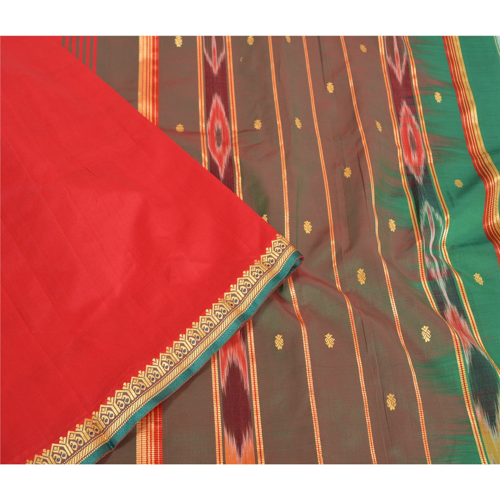 Sanskriti Vintage Saree Indian Red Hand Woven Ikat Blend Silk Sari Craft Fabric