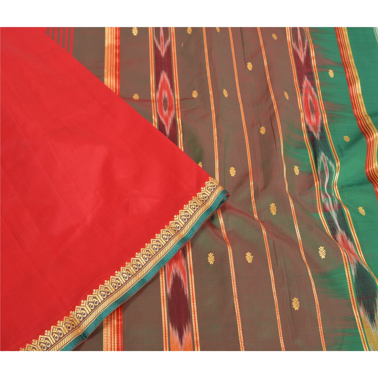 Sanskriti Vintage Saree Indian Red Hand Woven Ikat Blend Silk Sari Craft Fabric