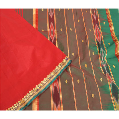 Sanskriti Vintage Saree Indian Red Hand Woven Ikat Blend Silk Sari Craft Fabric