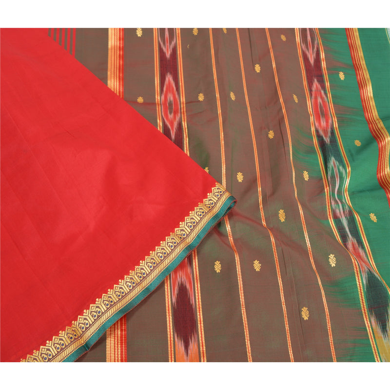 Sanskriti Vintage Sari Blend Silk Saree Indian Red Hand Woven Ikat 5yd Craft Fabric upholstery fabric