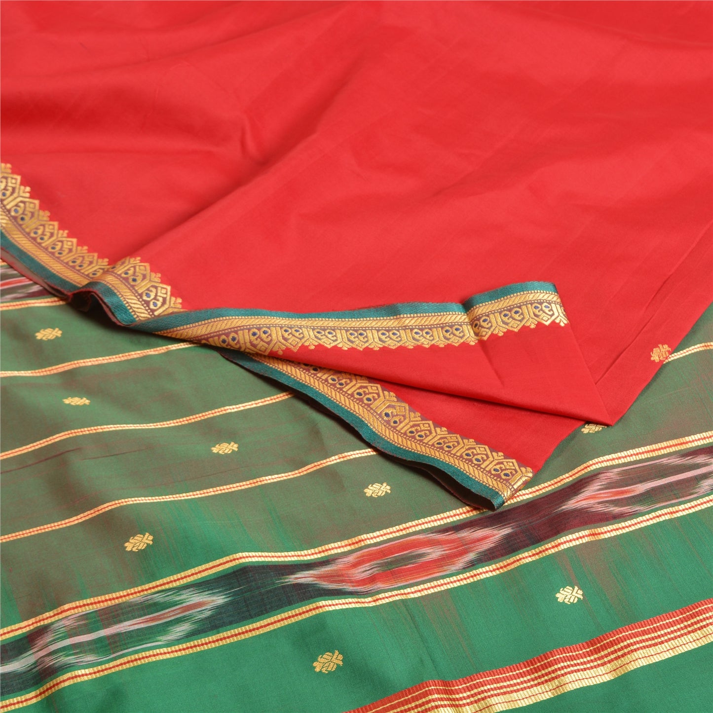 Sanskriti Vintage Saree Indian Red Hand Woven Ikat Blend Silk Sari Craft Fabric