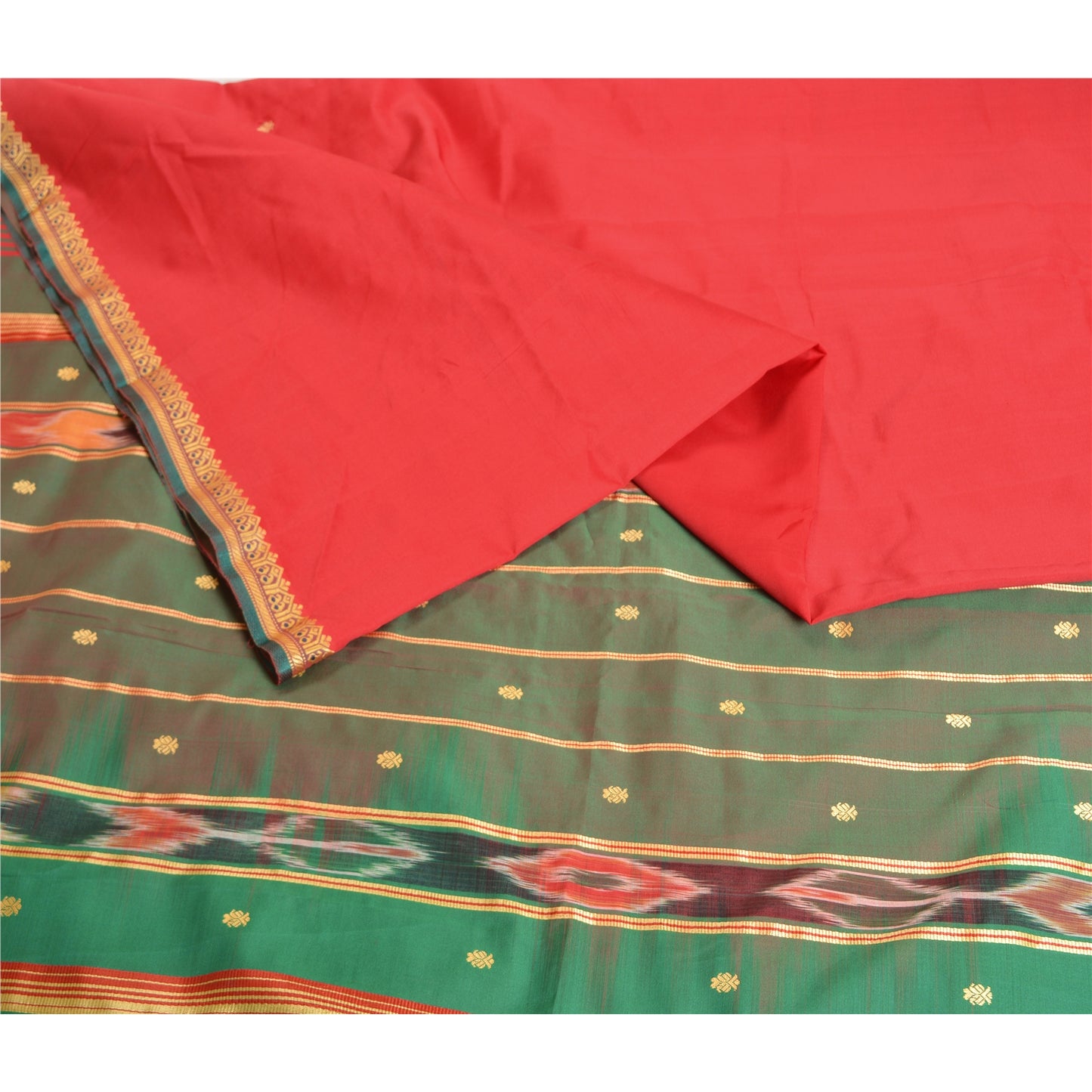 Sanskriti Vintage Saree Indian Red Hand Woven Ikat Blend Silk Sari Craft Fabric