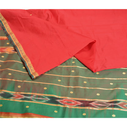 Sanskriti Vintage Saree Indian Red Hand Woven Ikat Blend Silk Sari Craft Fabric