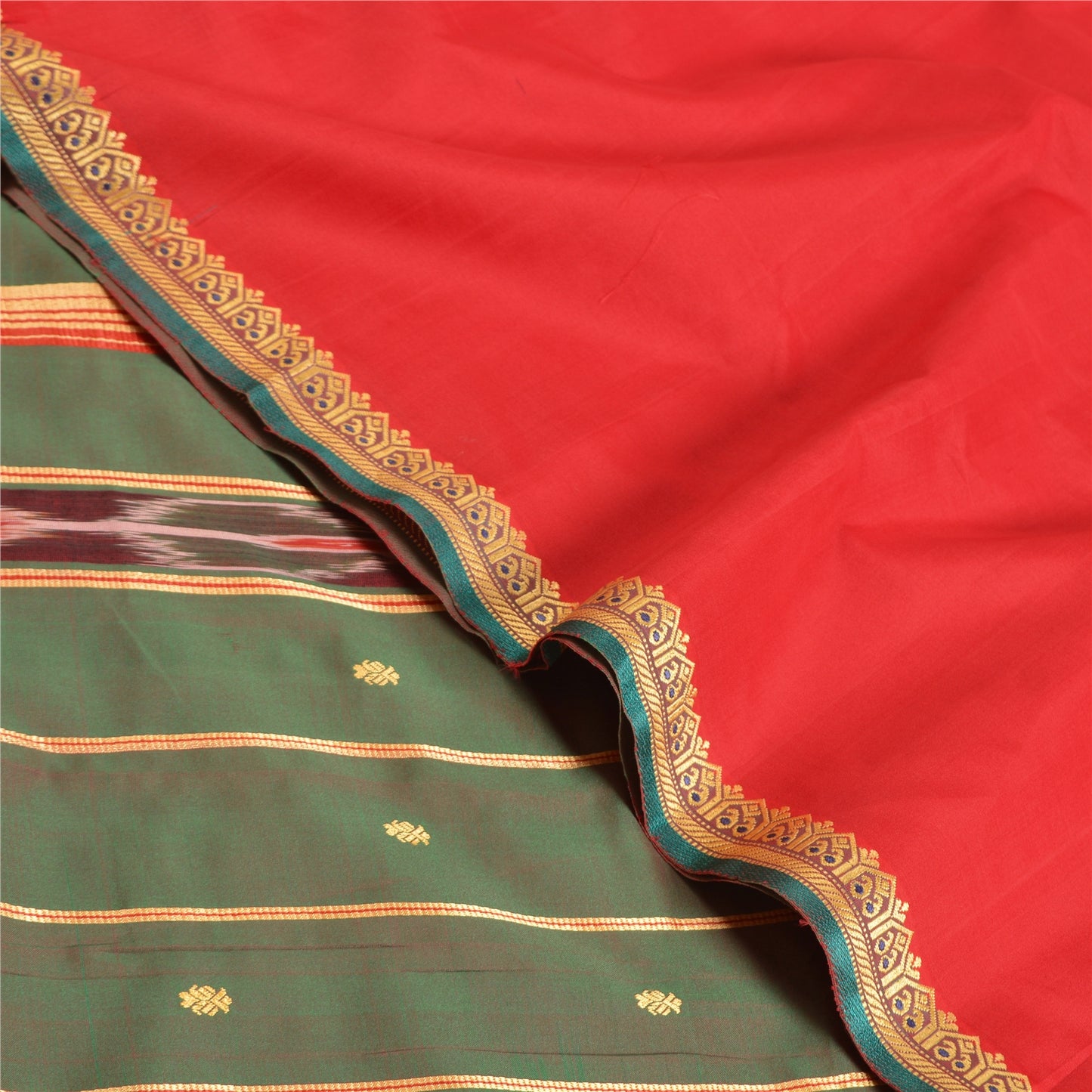 Sanskriti Vintage Saree Indian Red Hand Woven Ikat Blend Silk Sari Craft Fabric