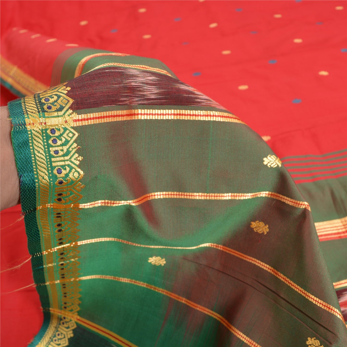 Sanskriti Vintage Saree Indian Red Hand Woven Ikat Blend Silk Sari Craft Fabric
