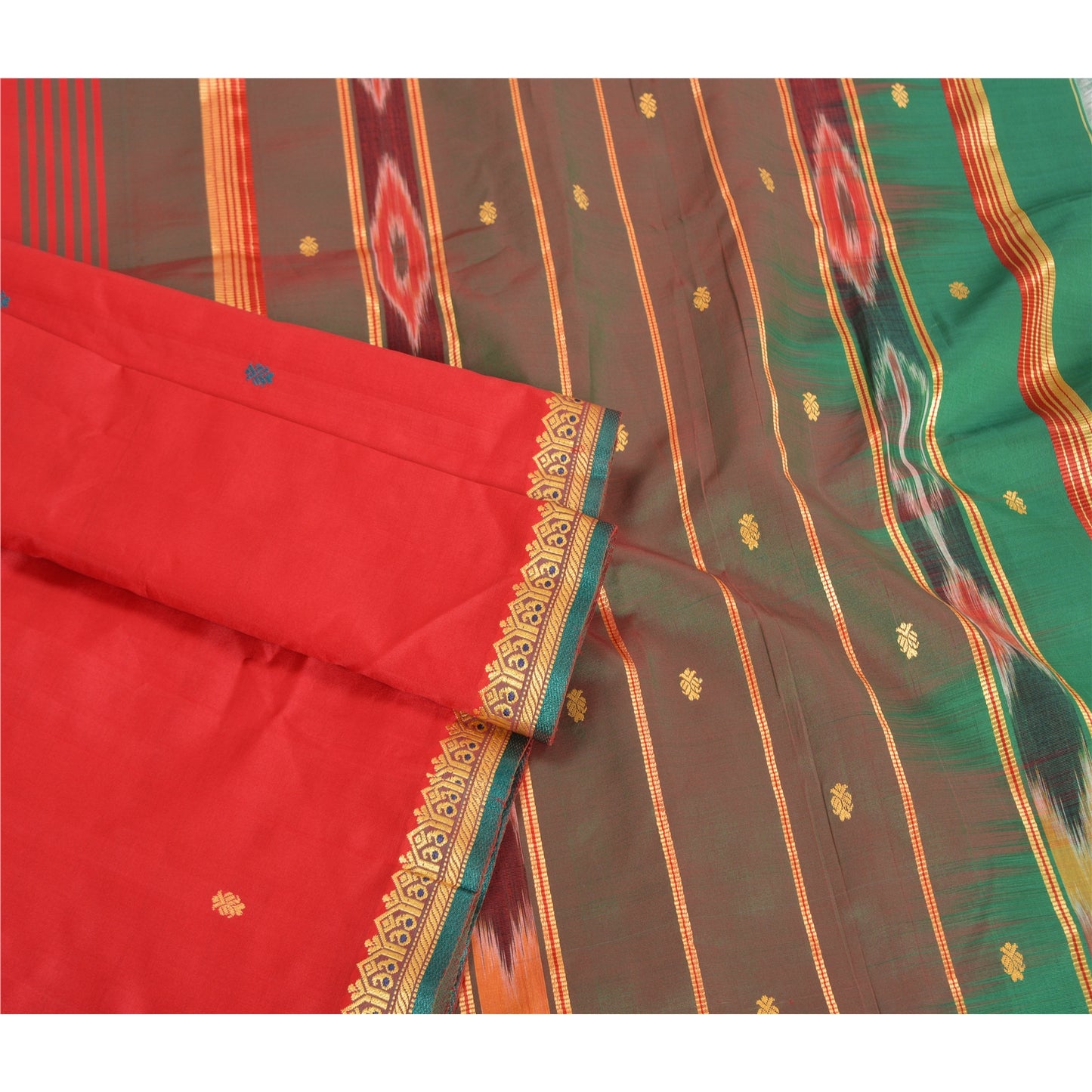 Sanskriti Vintage Saree Indian Red Hand Woven Ikat Blend Silk Sari Craft Fabric