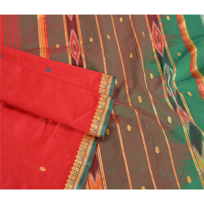 Sanskriti Vintage Saree Indian Red Hand Woven Ikat Blend Silk Sari Craft Fabric