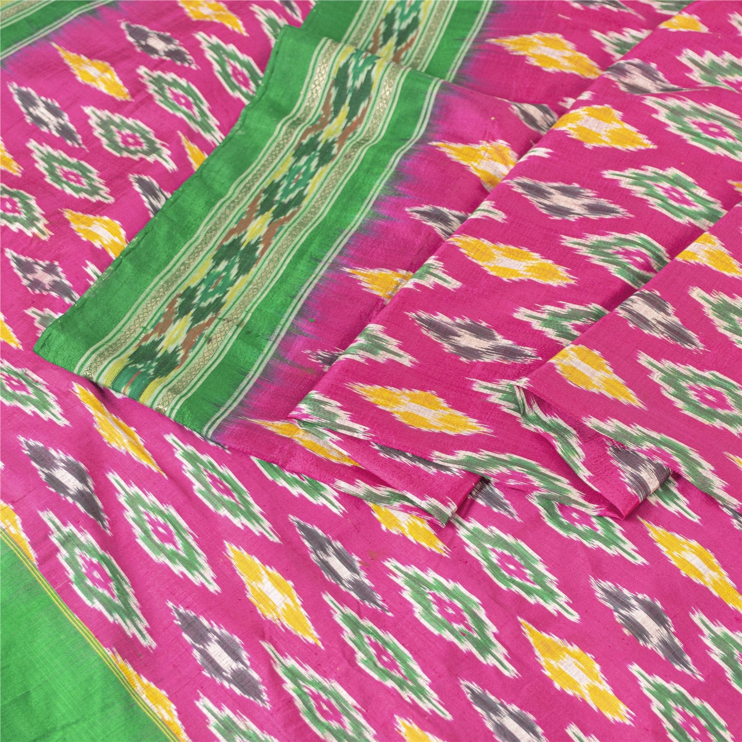 Sanskriti Vintage Saree Pink & Green Sambhalpuri Saree Hand Woven Ikat 1010% Pure Silk Sari 5 yard Craft Fabric ikat ethnic textile