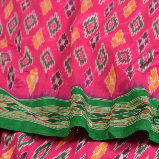 Sanskriti Vintage Saree Pink Sambhalpuri Hand Woven Ikat Pure Silk Sari Fabric