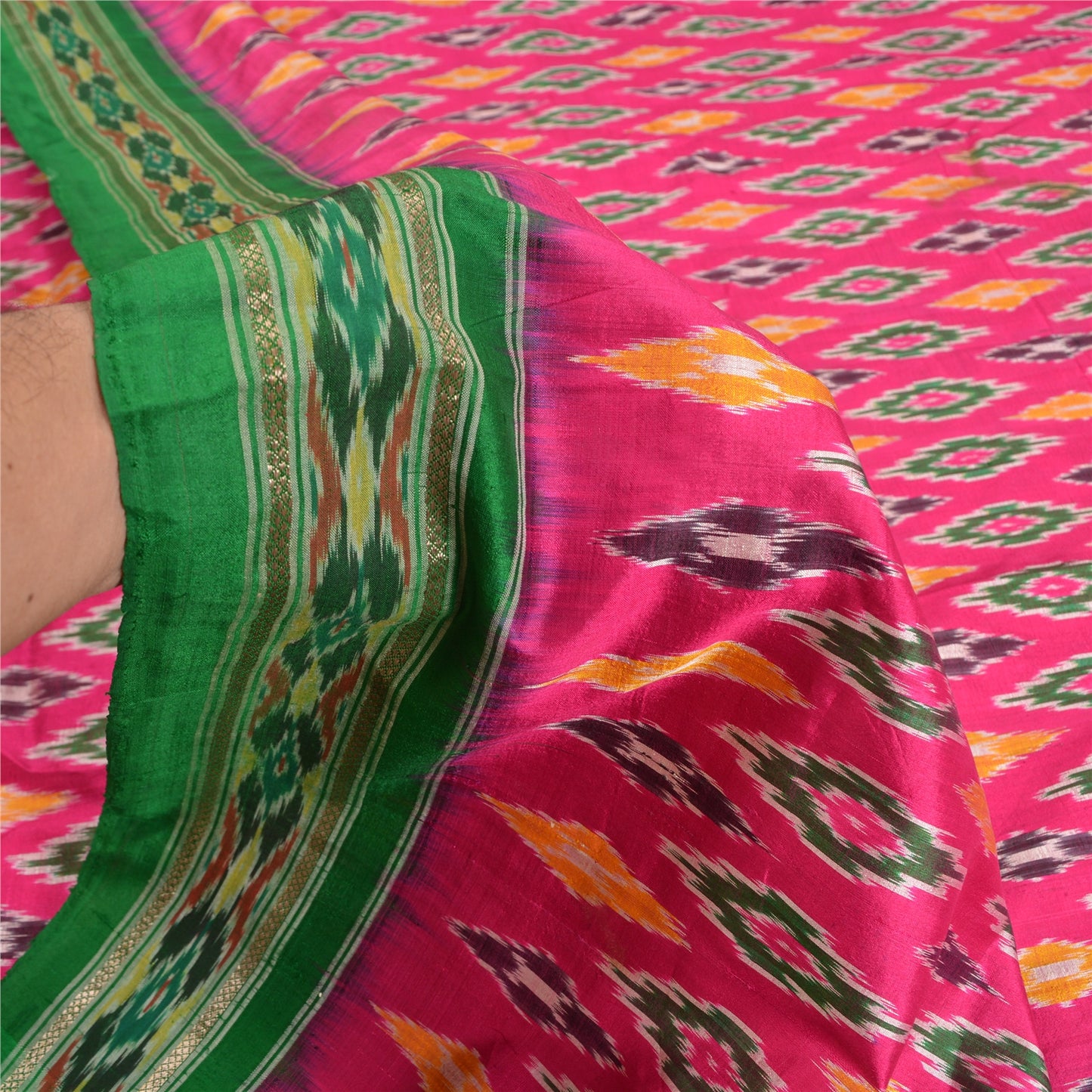 Sanskriti Vintage Saree Pink & Green Sambhalpuri Saree Hand Woven Ikat 1010% Pure Silk Sari 5 yard Craft Fabric ikat ethnic textile