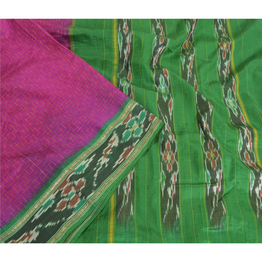 Sanskriti Vintage Sarees Pink Ikat Handwoven Pochampally Pure Silk Sari Fabric