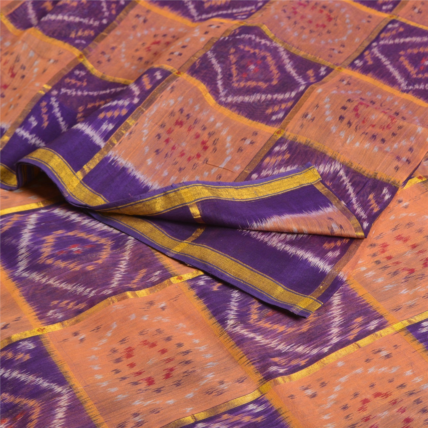 Sanskriti Vintage Saree Sambhalpuri Hand Woven Ikat Zari Cotton Silk Sari Fabric