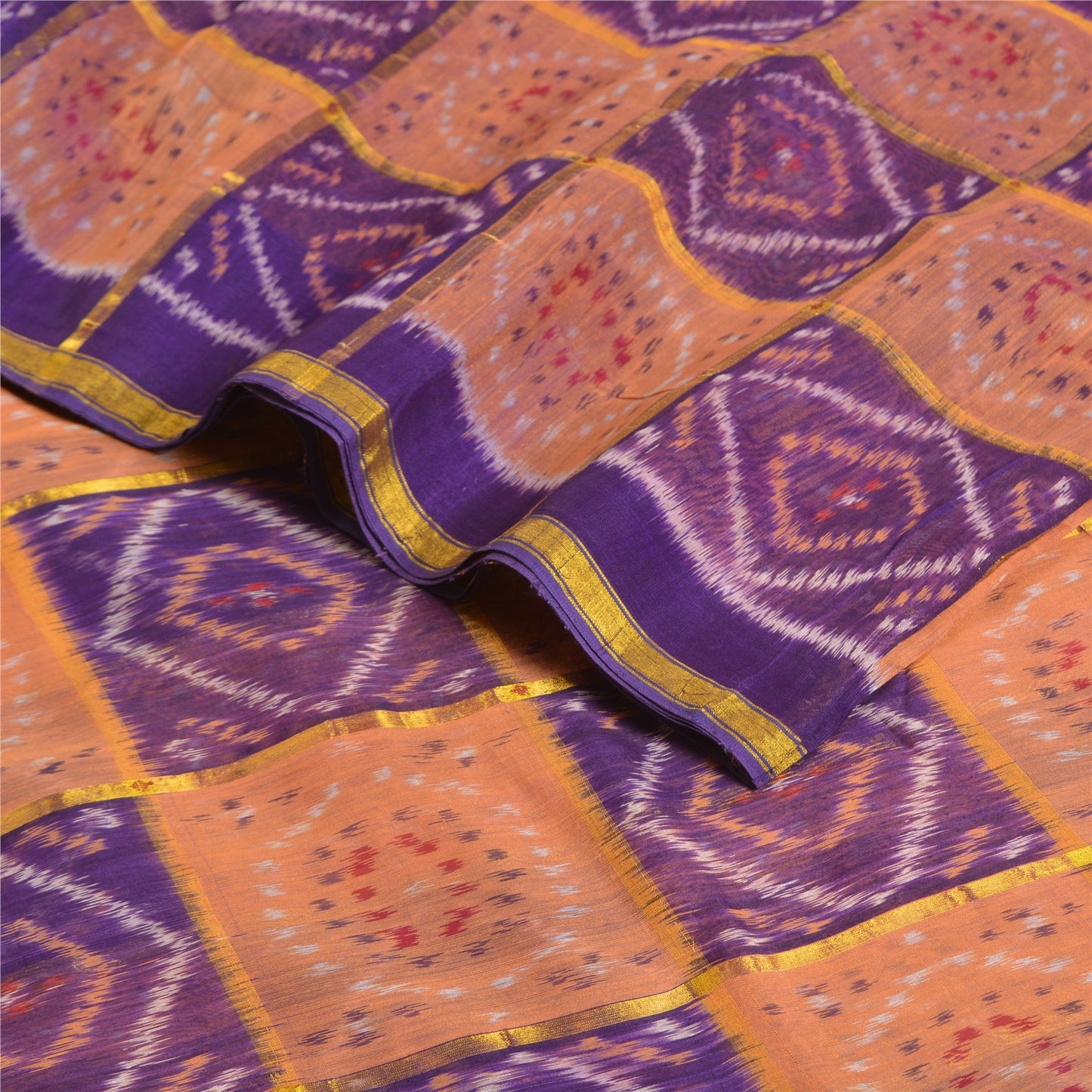 Sanskriti Vintage Saree Sambhalpuri Hand Woven Ikat Zari Cotton Silk Sari Fabric