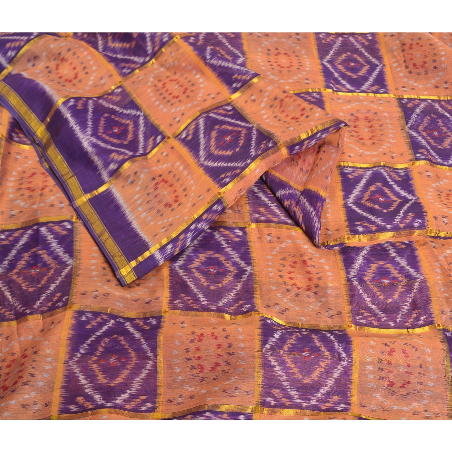 Sanskriti Vintage Saree Sambhalpuri Hand Woven Ikat Zari Cotton Silk Sari Fabric