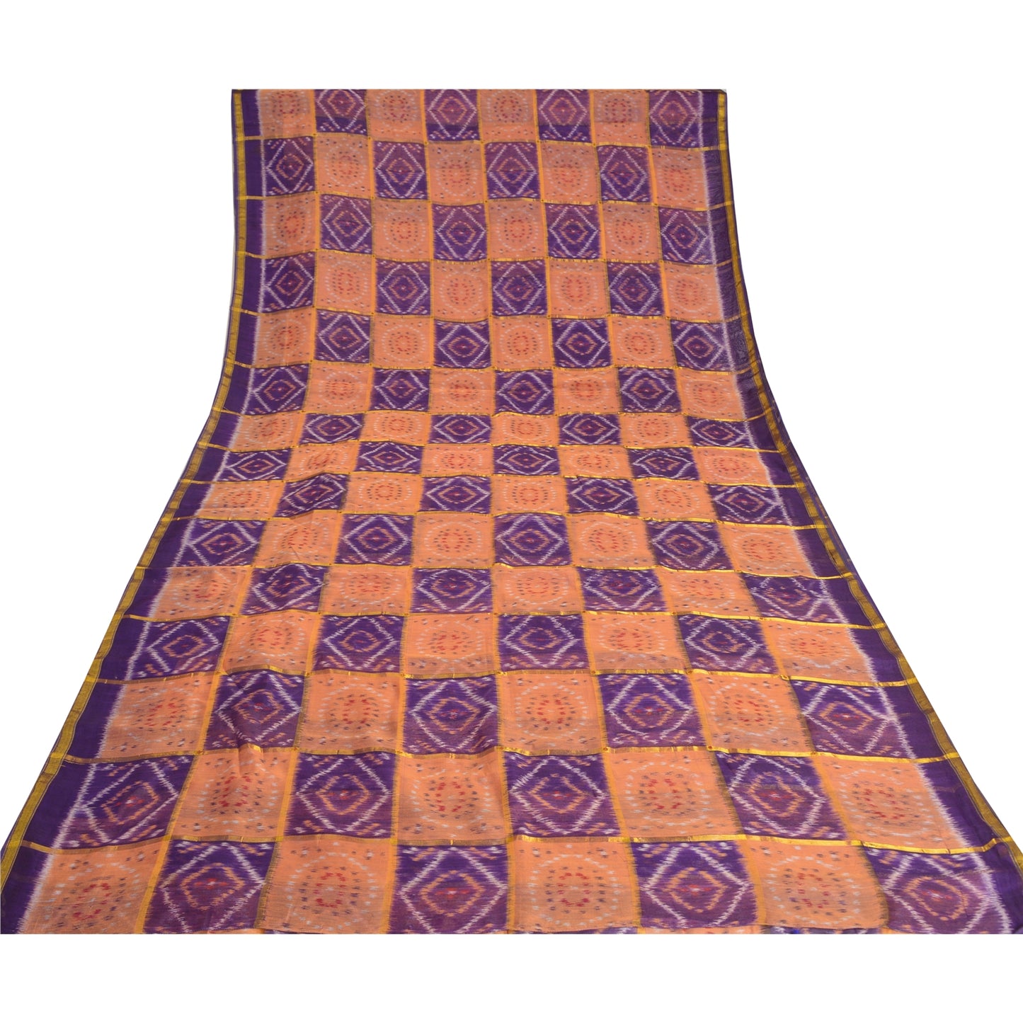 Sanskriti Vintage Saree Sambhalpuri Hand Woven Ikat Zari Cotton Silk Sari Fabric