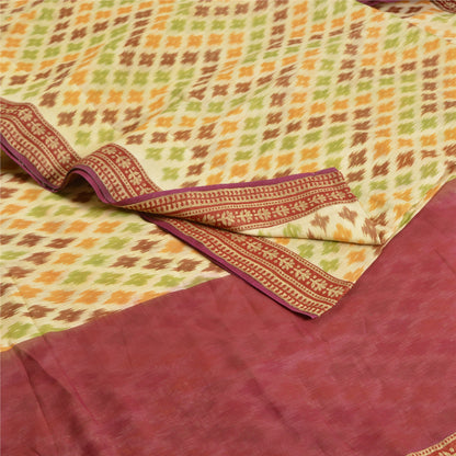 Sanskriti Vintage Saree 100% Pure Silk Saree Cream & Red Hand Woven Ikat Patch Work Sari 5 +Yard Craft Fabric Indian Heritage Textile