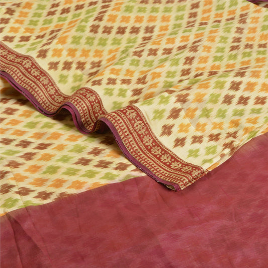 Sanskriti Vintage Saree Cream Hand Woven Ikat Patch Work Pure Silk Sari Fabric