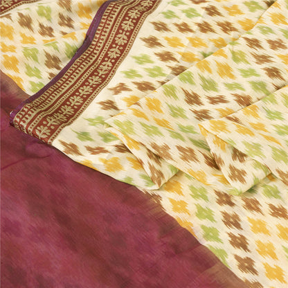 Sanskriti Vintage Saree 100% Pure Silk Saree Cream & Red Hand Woven Ikat Patch Work Sari 5 +Yard Craft Fabric Indian Heritage Textile