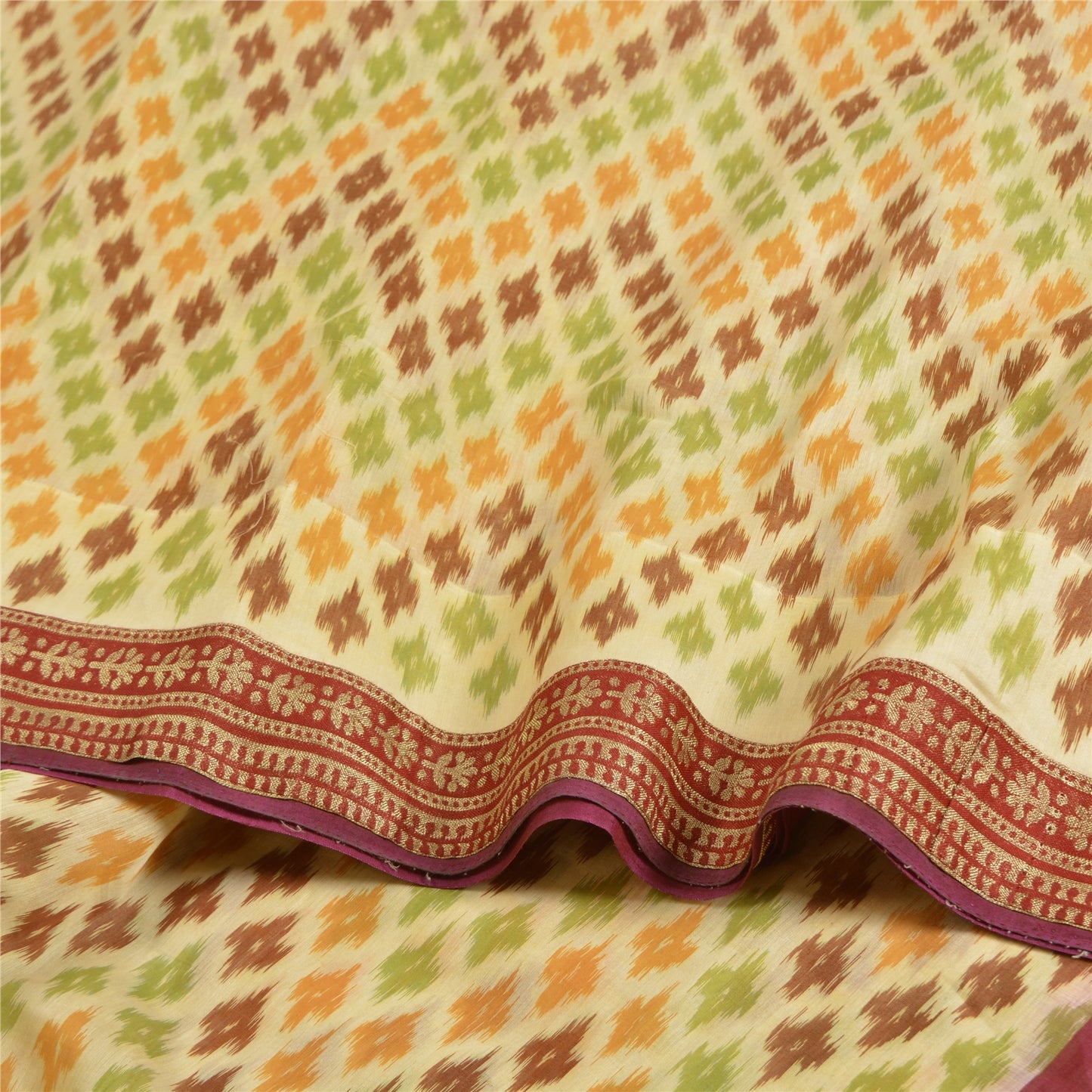 Sanskriti Vintage Saree 100% Pure Silk Saree Cream & Red Hand Woven Ikat Patch Work Sari 5 +Yard Craft Fabric Indian Heritage Textile