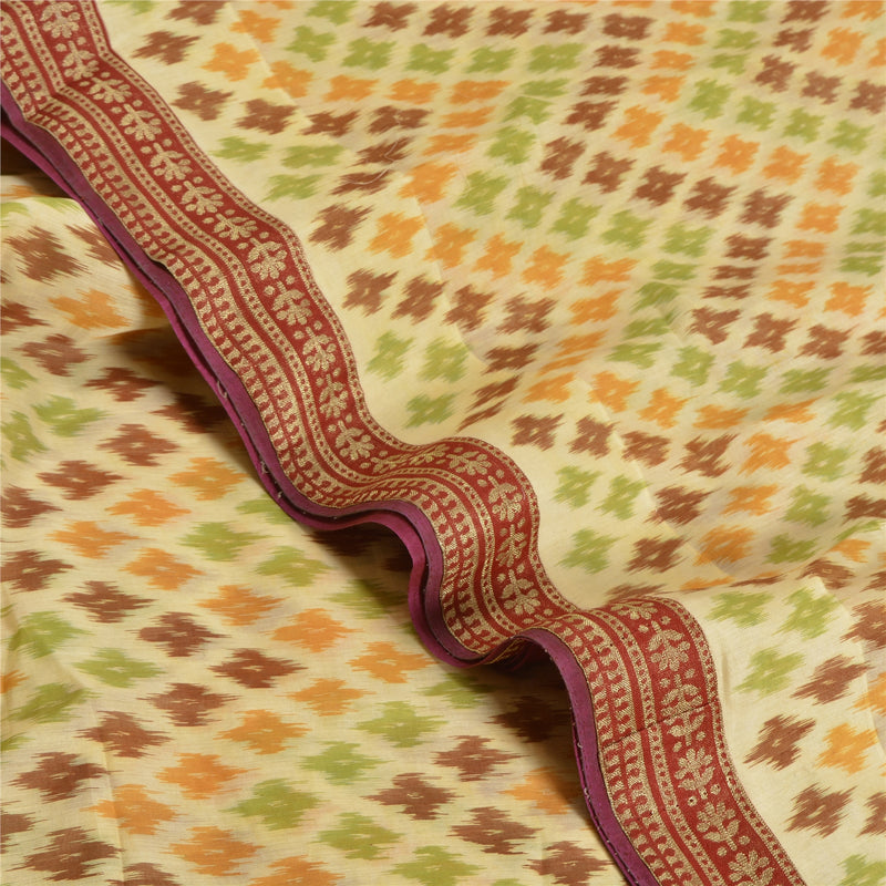 Sanskriti Vintage Saree 100% Pure Silk Saree Cream & Red Hand Woven Ikat Patch Work Sari 5 +Yard Craft Fabric Indian Heritage Textile