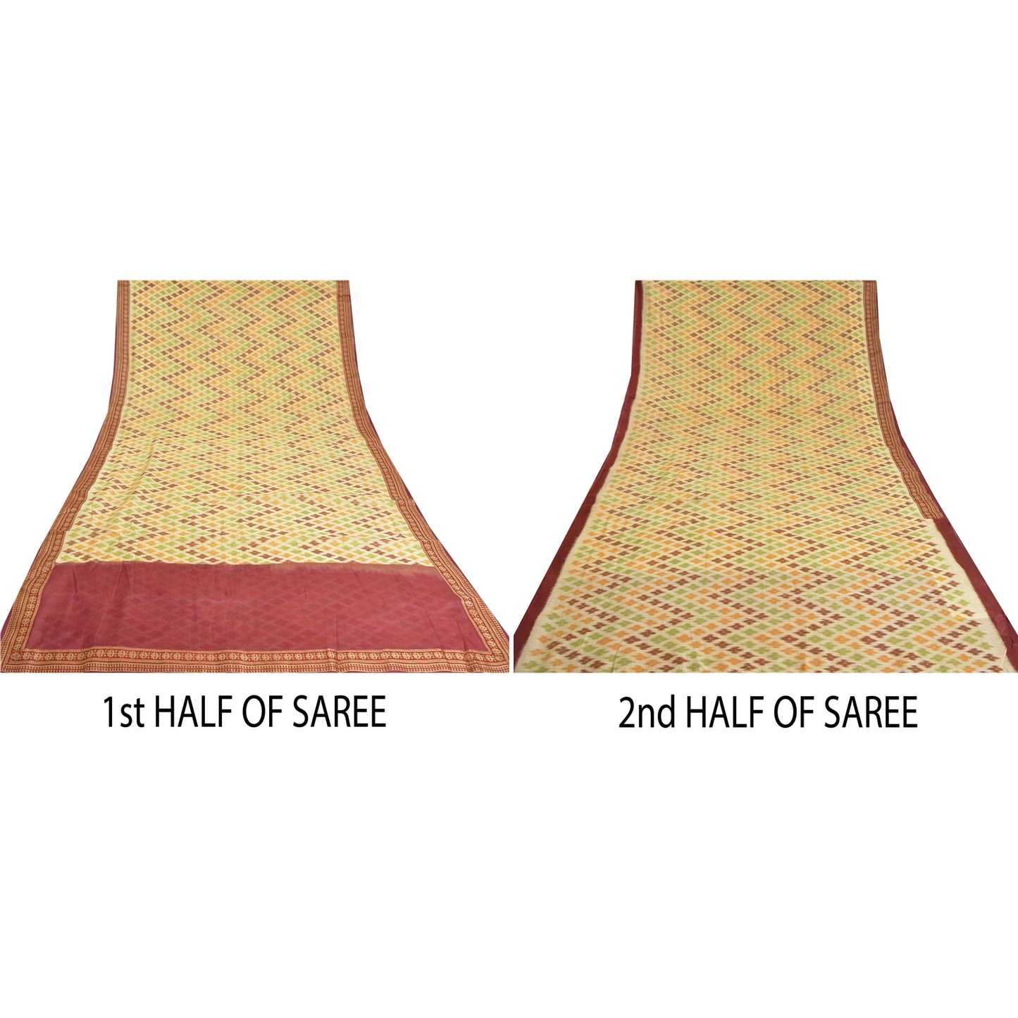 Sanskriti Vintage Saree 100% Pure Silk Saree Cream & Red Hand Woven Ikat Patch Work Sari 5 +Yard Craft Fabric Indian Heritage Textile