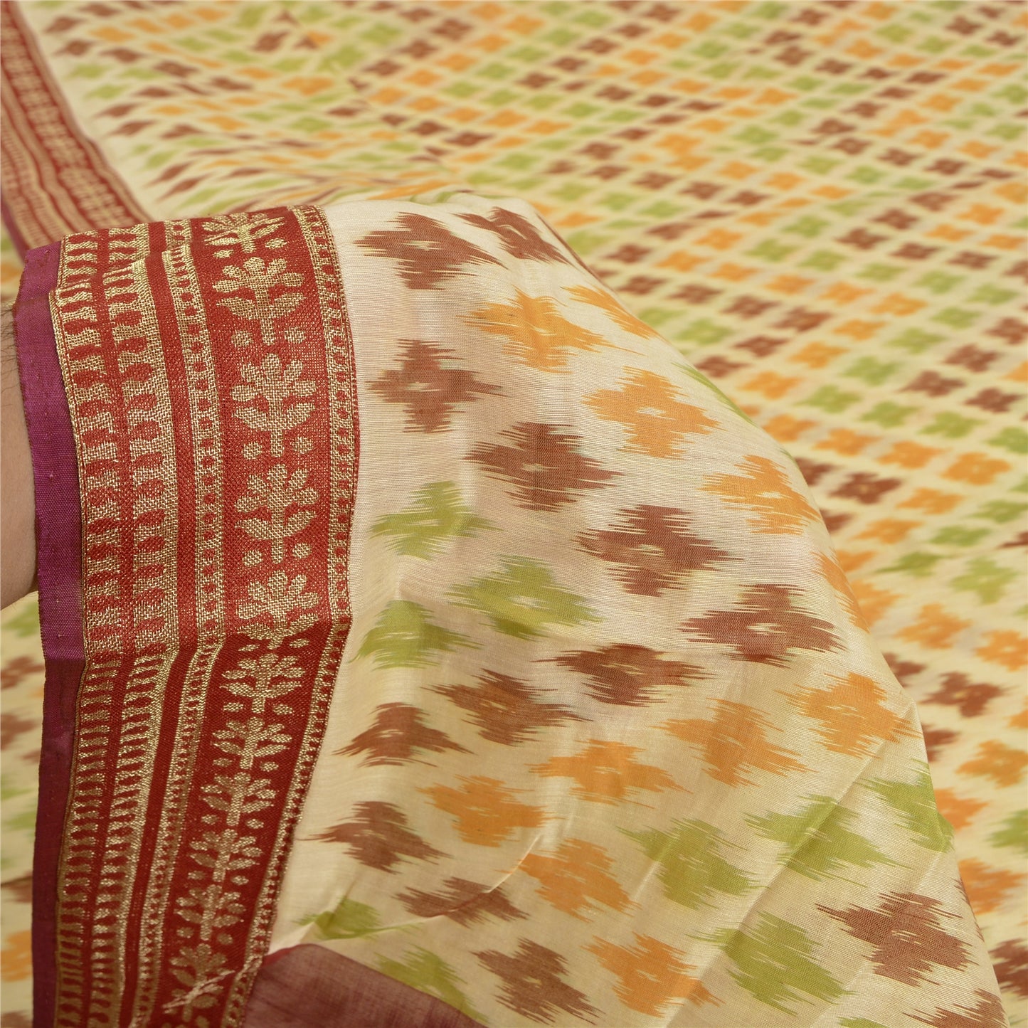 Sanskriti Vintage Saree 100% Pure Silk Saree Cream & Red Hand Woven Ikat Patch Work Sari 5 +Yard Craft Fabric Indian Heritage Textile