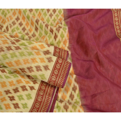 Sanskriti Vintage Saree 100% Pure Silk Saree Cream & Red Hand Woven Ikat Patch Work Sari 5 +Yard Craft Fabric Indian Heritage Textile