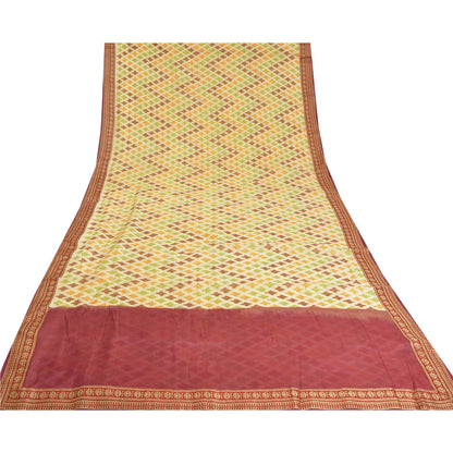 Sanskriti Vintage Saree 100% Pure Silk Saree Cream & Red Hand Woven Ikat Patch Work Sari 5 +Yard Craft Fabric Indian Heritage Textile