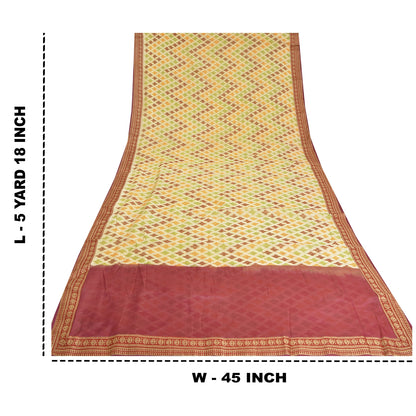 Sanskriti Vintage Saree 100% Pure Silk Saree Cream & Red Hand Woven Ikat Patch Work Sari 5 +Yard Craft Fabric Indian Heritage Textile