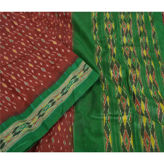 Sanskriti Vintage Saree Red Sambhalpuri Hand Woven Ikat Pure Silk Sari Fabric