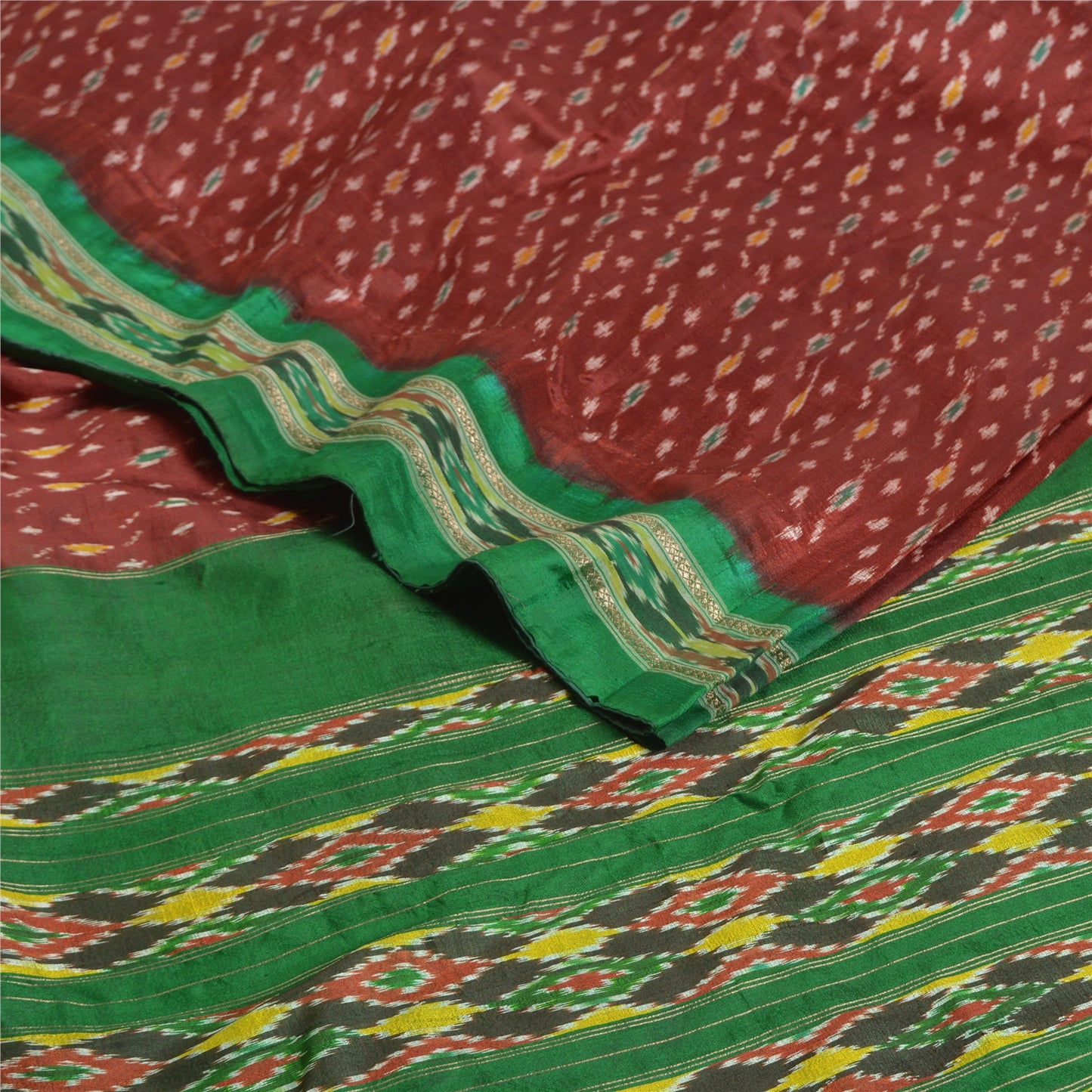 Sanskriti Vintage Saree Red Sambhalpuri Hand Woven Ikat Pure Silk Sari Fabric