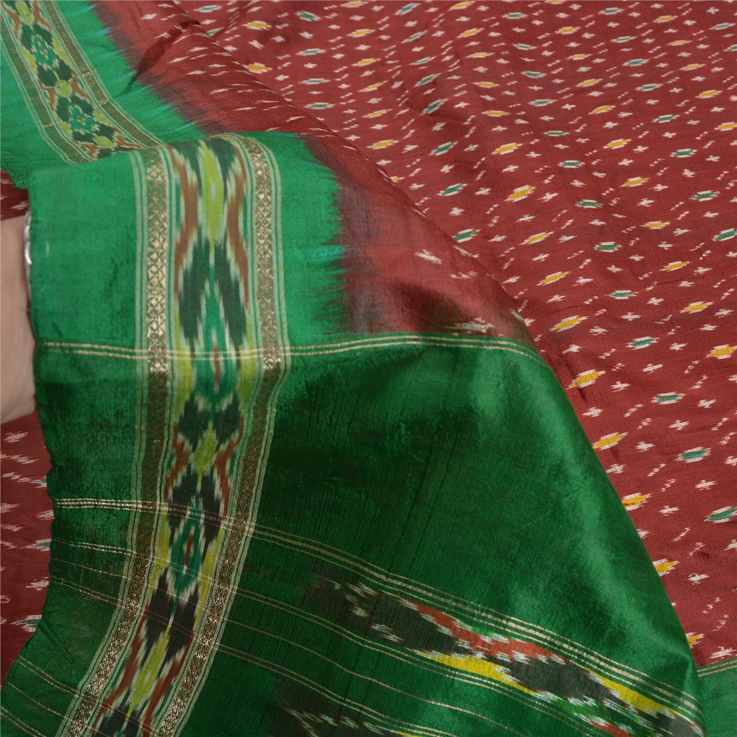 Sanskriti Vintage Saree Red Sambhalpuri Hand Woven Ikat Pure Silk Sari Fabric