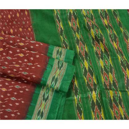 Sanskriti Vintage Saree Red Sambhalpuri Hand Woven Ikat Pure Silk Sari Fabric