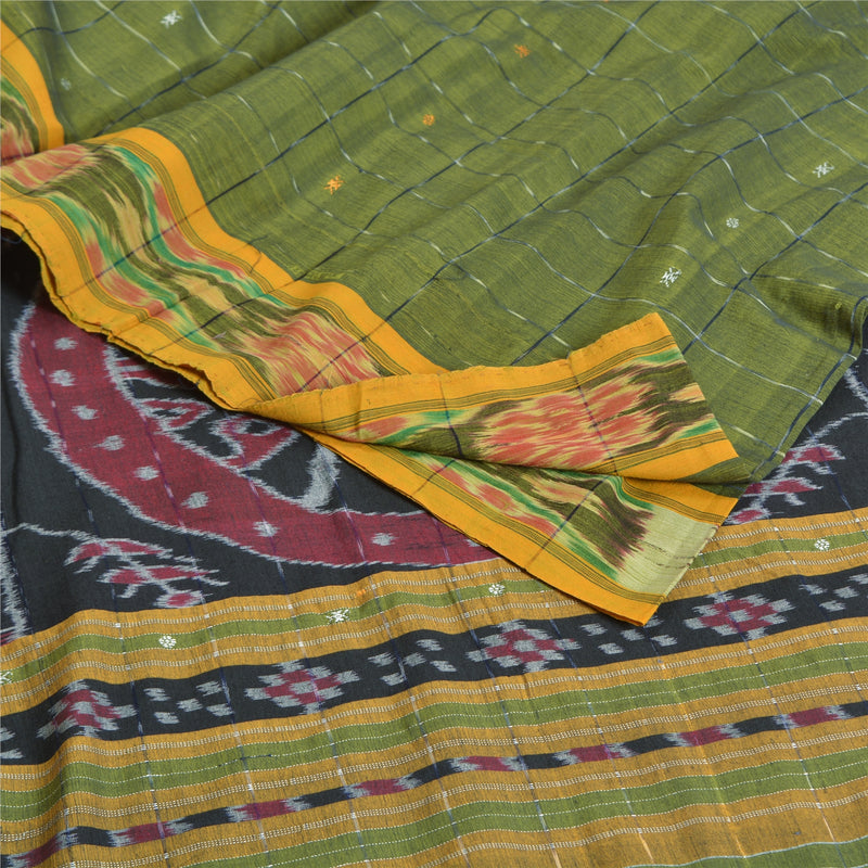 Sanskriti Vintage Saree Green Odisha Hand Woven Ikat Blend Cotton Sari Fabric