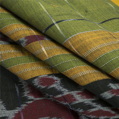 Sanskriti Vintage Saree Green Odisha Hand Woven Ikat Blend Cotton Sari Fabric