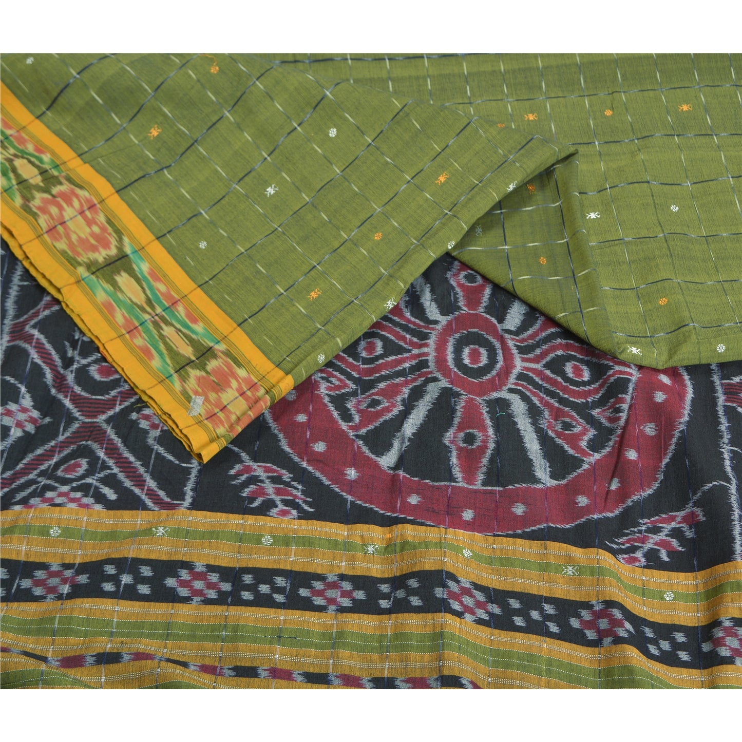 Sanskriti Vintage Saree Green Odisha Hand Woven Ikat Blend Cotton Sari Fabric