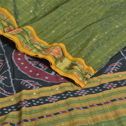 Sanskriti Vintage Saree Green Odisha Hand Woven Ikat Blend Cotton Sari Fabric