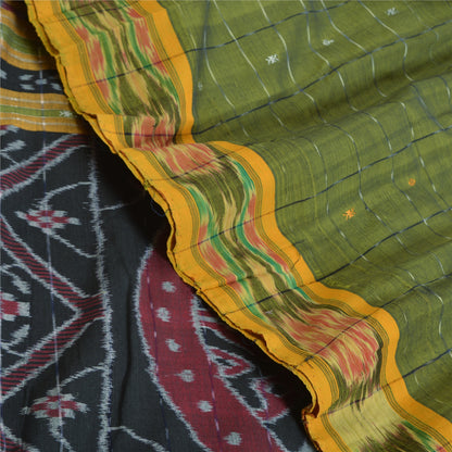 Sanskriti Vintage Saree Green Odisha Hand Woven Ikat Blend Cotton Sari Fabric