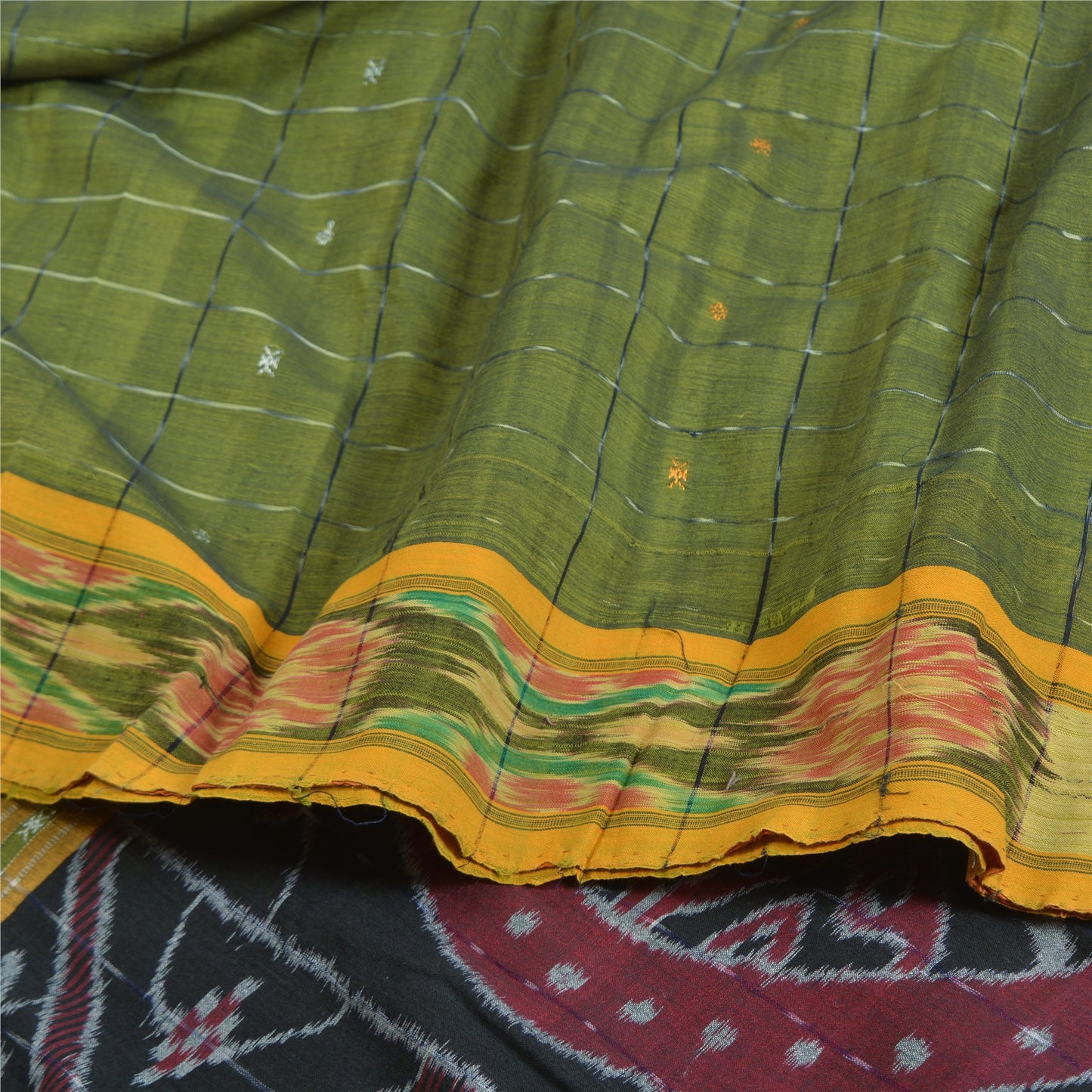 Sanskriti Vintage Saree Green Odisha Hand Woven Ikat Blend Cotton Sari Fabric