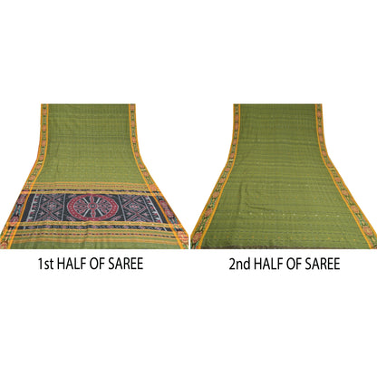 Sanskriti Vintage Saree Green Odisha Hand Woven Ikat Blend Cotton Sari Fabric