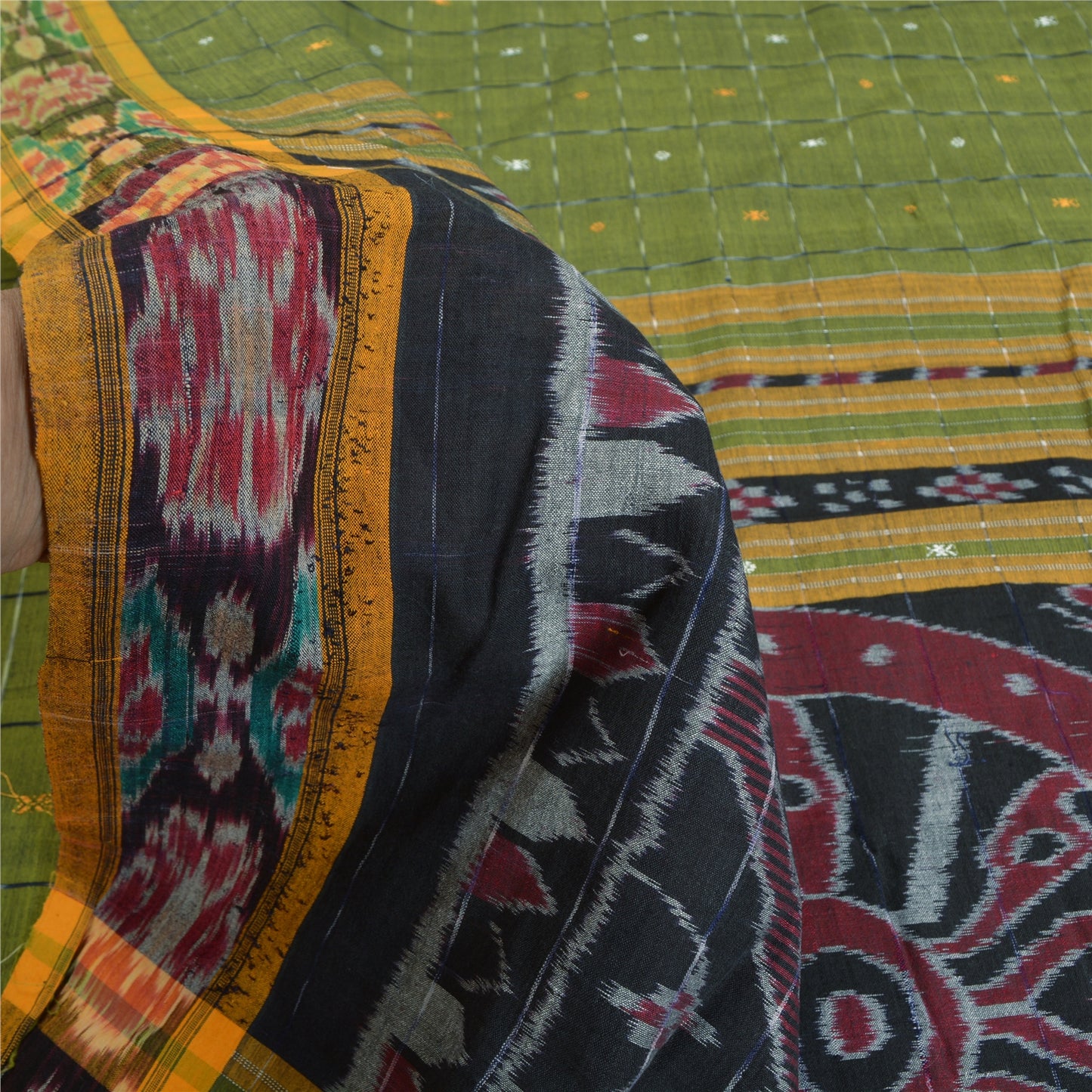 Sanskriti Vintage Saree Green Odisha Hand Woven Ikat Blend Cotton Sari Fabric