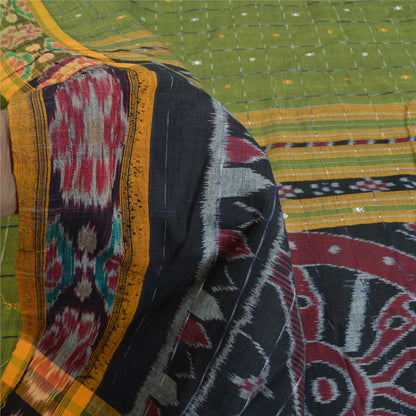 Sanskriti Vintage Saree Green Odisha Hand Woven Ikat Blend Cotton Sari Fabric