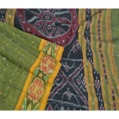 Sanskriti Vintage Saree Green Odisha Hand Woven Ikat Blend Cotton Sari Fabric
