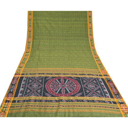 Sanskriti Vintage Saree Green Odisha Hand Woven Ikat Blend Cotton Sari Fabric