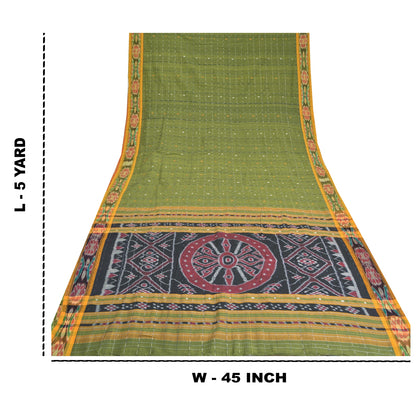 Sanskriti Vintage Saree Green Odisha Hand Woven Ikat Blend Cotton Sari Fabric