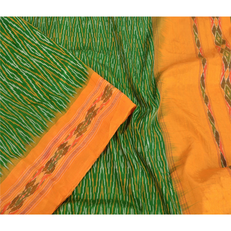 Sanskriti Vintage Saree Green Sambhalpuri Hand Woven Ikat Pure Silk Sari Fabric