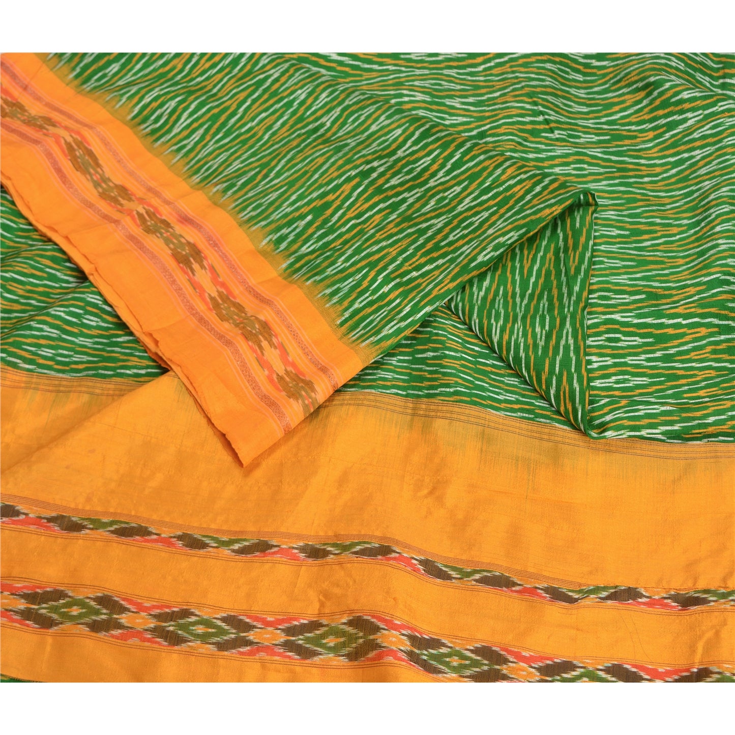 Sanskriti Vintage Saree Green Sambhalpuri Hand Woven Ikat Pure Silk Sari Fabric