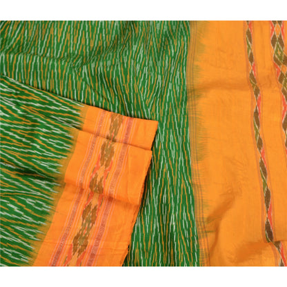 Sanskriti Vintage Saree Green Sambhalpuri Hand Woven Ikat Pure Silk Sari Fabric
